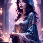 Mystical woman in blue cloak in candle-lit sanctuary with captivating gaze