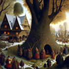 Snow-covered medieval village with colorful villagers and smoking chimneys