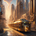 Futuristic golden cityscape with towering structures and sleek tram under warm sunlight