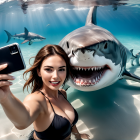 Swimsuit-clad woman poses with shark in clear blue waters