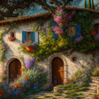 Colorful Flower-Covered Cottage in Magical Garden at Twilight