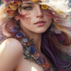 Colorful Flower-Adorned Woman in Ethereal Setting