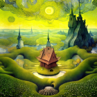 Exaggerated green hills, tree, castles in whimsical landscape