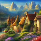 Colorful Fantasy Village with Thatched Cottages and Misty Mountains