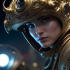 Detailed futuristic helmet with woman in striking makeup and armor, glowing orb.