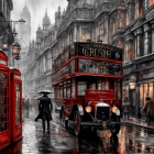 Vintage Red Double-Decker Bus in Rainy London Street with Phone Booths and Pedestrians