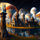 Ornate towers and domes in fantasy landscape with celestial bodies