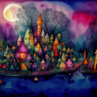 Colorful fantasy landscape with musical note houses and moonlit tree