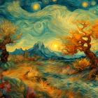 Colorful landscape with swirling skies, orange trees, mountains, and reflective water.