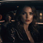 Wavy-haired woman in sequined outfit looking through car window at night