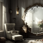 Baroque-style room with golden mirror reflecting sunlit garden and vintage decor.