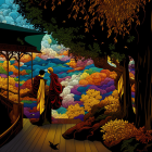 Cloaked Figures on Wooden Platform Overlooking Colorful Clouds