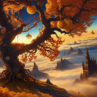 Fantastical tree with golden autumn leaves and dreamcatcher in misty landscape