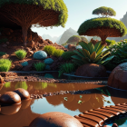 Fantastical oversized vegetation in serene digital landscape