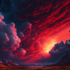 Fiery red sky over mountain landscape with serene lake