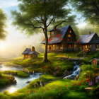 Ornate treehouse in fantasy landscape with misty waterway