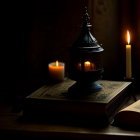 Ornate mystical staircase in dark room with candlelight