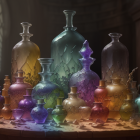 Colorful Glass Potions on Wooden Table with Ambient Light