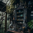 Mystical apothecary with vintage bottles and greenery