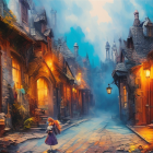 Mysterious figure strolls cobblestone street in magical village