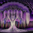 Whimsical tree with purple foliage under starry night sky