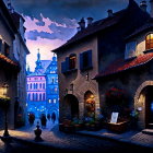 Charming cobblestone street with old-style buildings and glowing lanterns