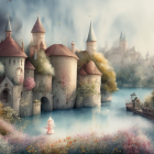 Fantasy landscape with castles, bridges, boats, and lush flora