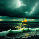 Stormy Sea with Lightning and Two Ships Battling Turbulent Waves