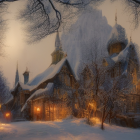 Snow-covered cottages and bare trees in serene winter setting with mountains and pond.