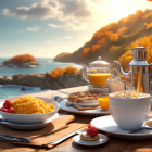 Scrambled eggs, pastries, and coffee on coastal table in autumn.