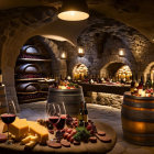 Wine Cellar with Arched Ceilings, Barrels, Table, and Shelves