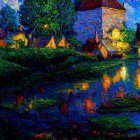 Nighttime fantasy landscape with golden castles, lush greenery, serene water, swans, lantern