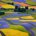 Colorful Patchwork Quilt of Purple, Yellow, and Orange Flowers in Rural Landscape