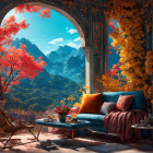 Room with couch and mountain view through arched window surrounded by autumn trees