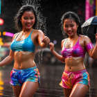 Colorfully dressed women dancing in rain on city street at night