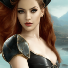 Digital illustration: Woman with red hair in armor by coastal scenery