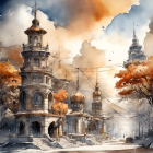 Aged snowy cityscape with ornate towers and autumn trees