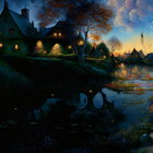 Tranquil fantasy landscape: cottages, lake, mountains, full moon