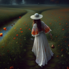 Young girl in white dress among red poppies on cobblestone path