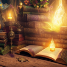 Mystical still life with old books, candle, lamp, scrolls, compass, flames on wooden