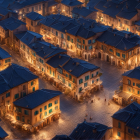 Nighttime aerial view of illuminated old town square with warm glow on cobblestone streets