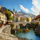 European town with stone bridge, pedestrians, classical architecture, blue sky.