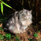 Steampunk-inspired mechanical cat amidst lush foliage and gears