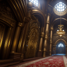 Luxurious Hallway with Golden Pillars, Red Carpet, and Intricate Door