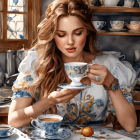 Curly-haired woman in floral dress drinking tea with vintage teaware