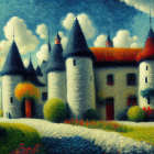 Medieval castle painting with autumn trees under blue sky