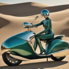 Green helmet and bodysuit rider on retro-futuristic green scooter against beige walls