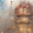 Fantastical cityscape with golden filigree structures and floating butterflies