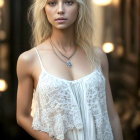 Blond woman in white ruffled dress against bokeh lights