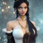 Detailed 3D illustration of woman in white and gold dress